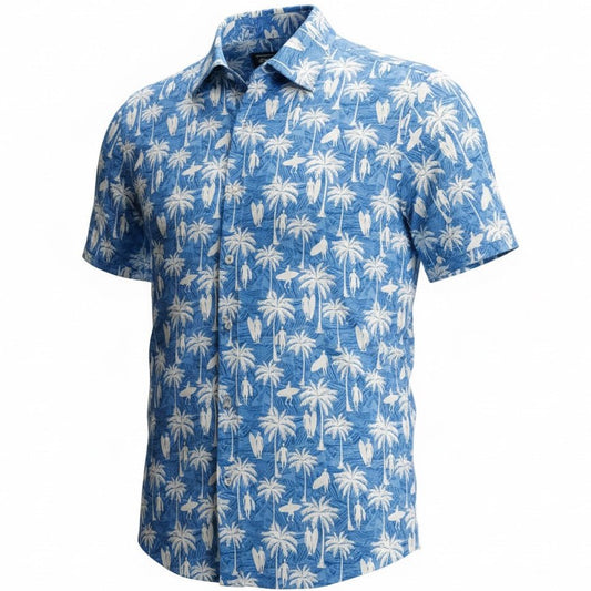 Blue shirt with white palm tree pattern on a white background
