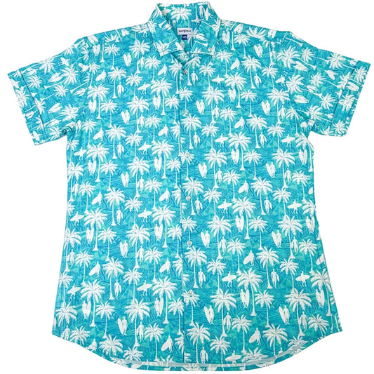 Blue shirt with white palm tree pattern on a white background