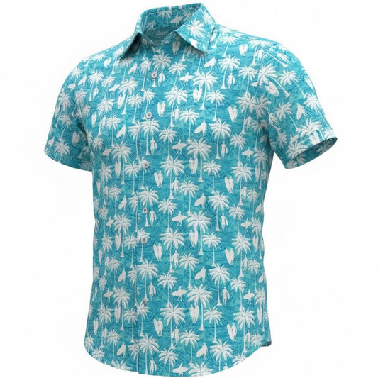Teal shirt with white palm tree pattern on a white background