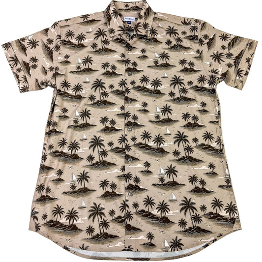 Beige shirt with black palm tree and island pattern on a white background