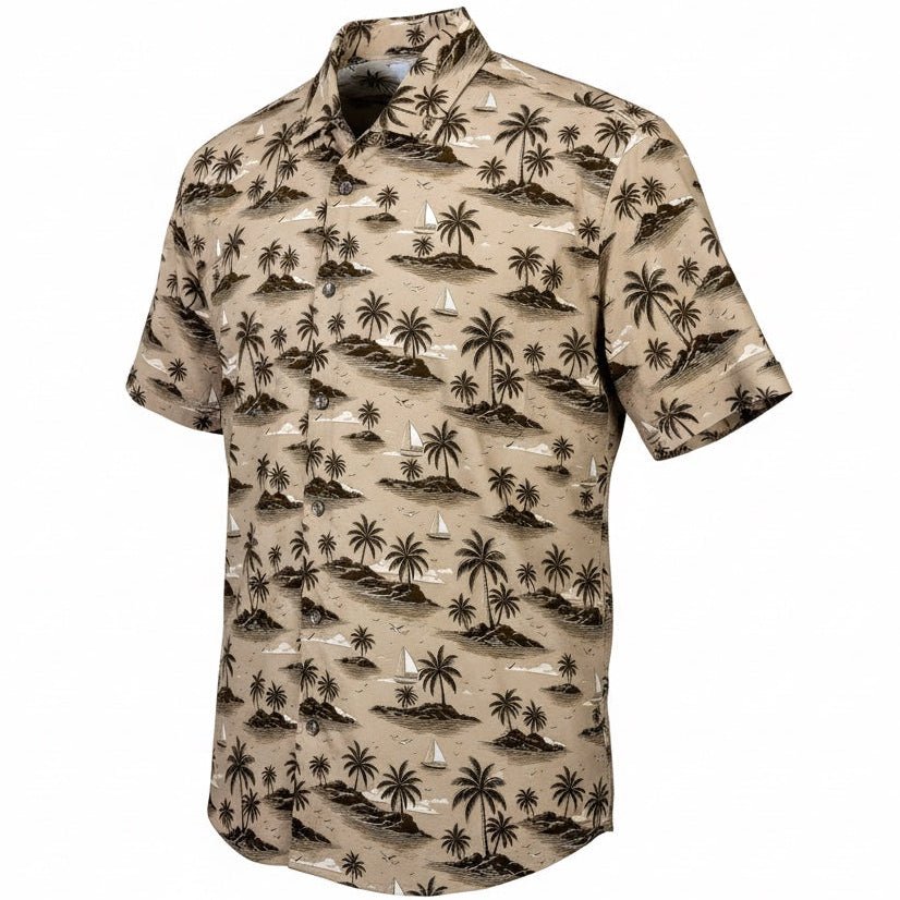 Beige shirt with black palm tree pattern on a white background