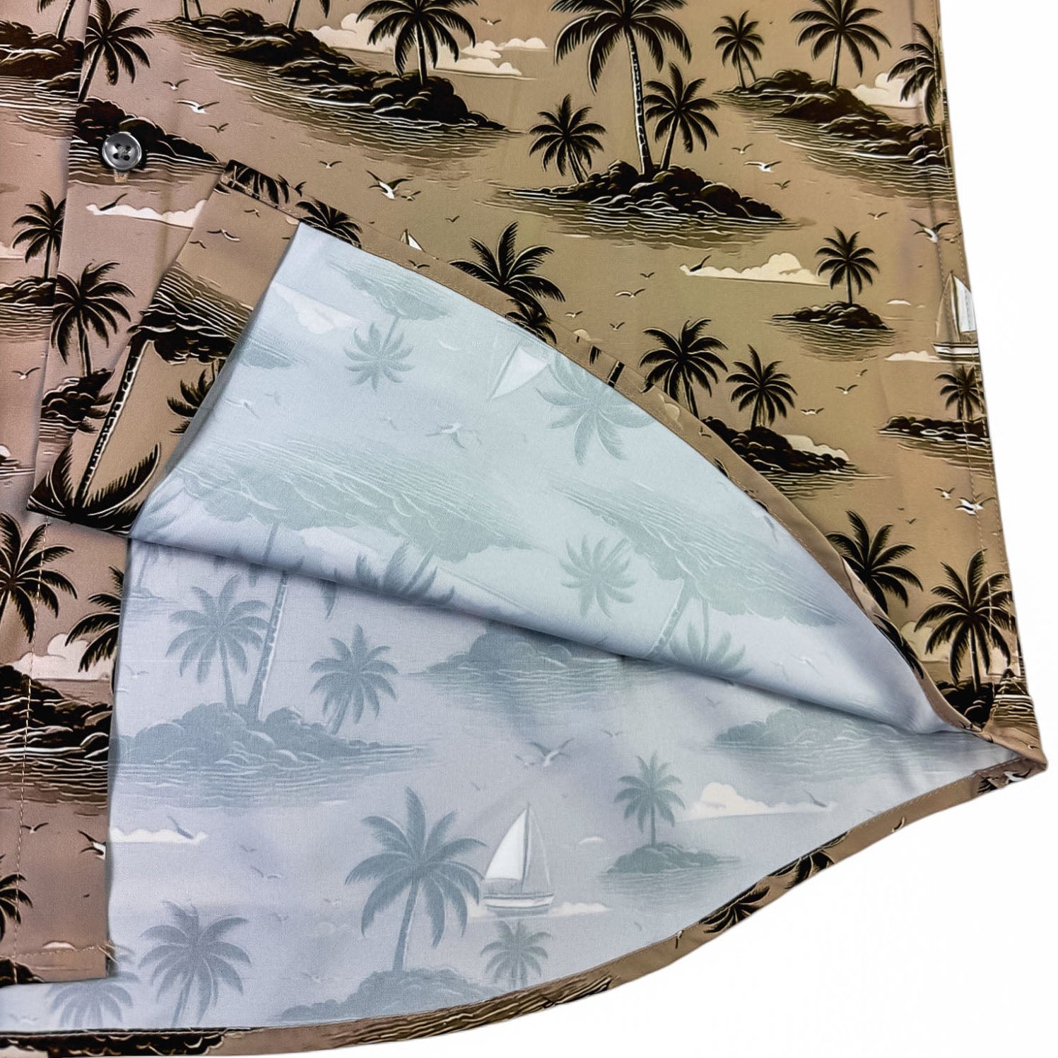Hawaiian shirt with tropical island pattern on beige background