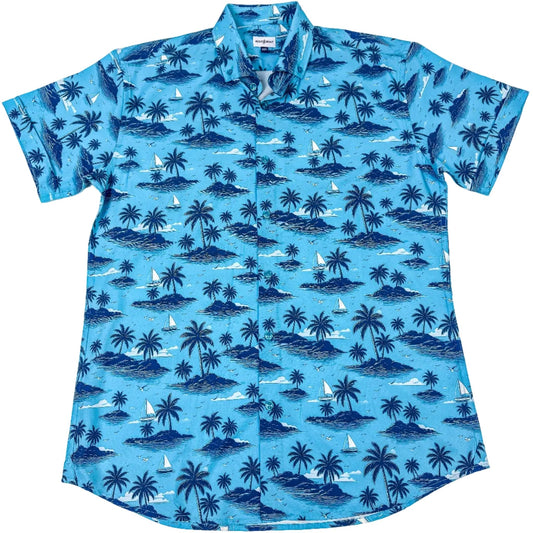 Blue shirt with tropical island pattern on a white background