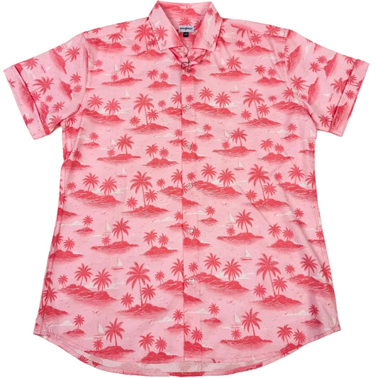 Pink Hawaiian shirt with palm tree pattern on a white background