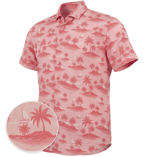Pink Hawaiian shirt with tropical island pattern on a white background