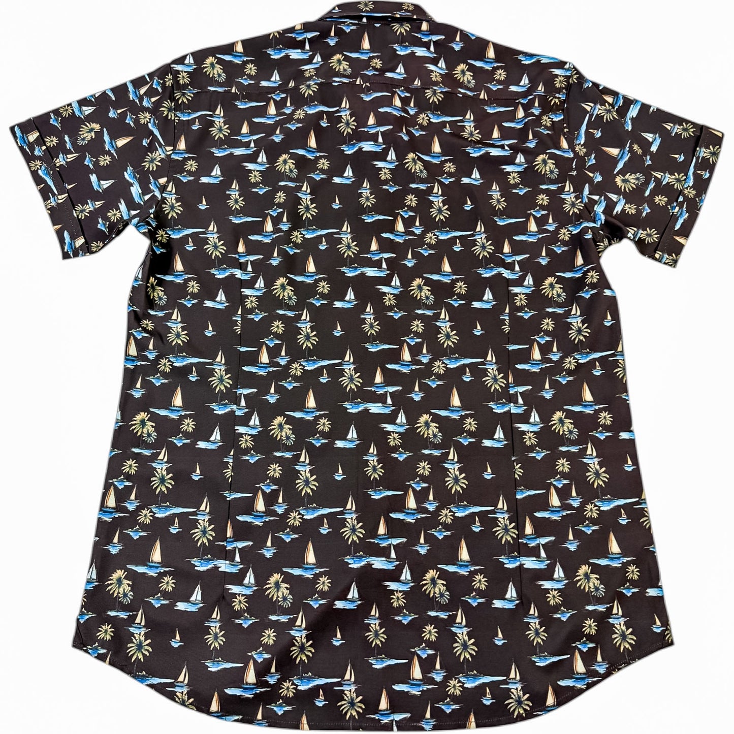 Short-sleeve shirt with a tropical pattern on a white background