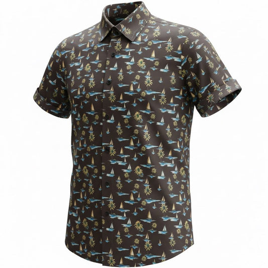 Short-sleeve shirt with a nautical pattern on a white background