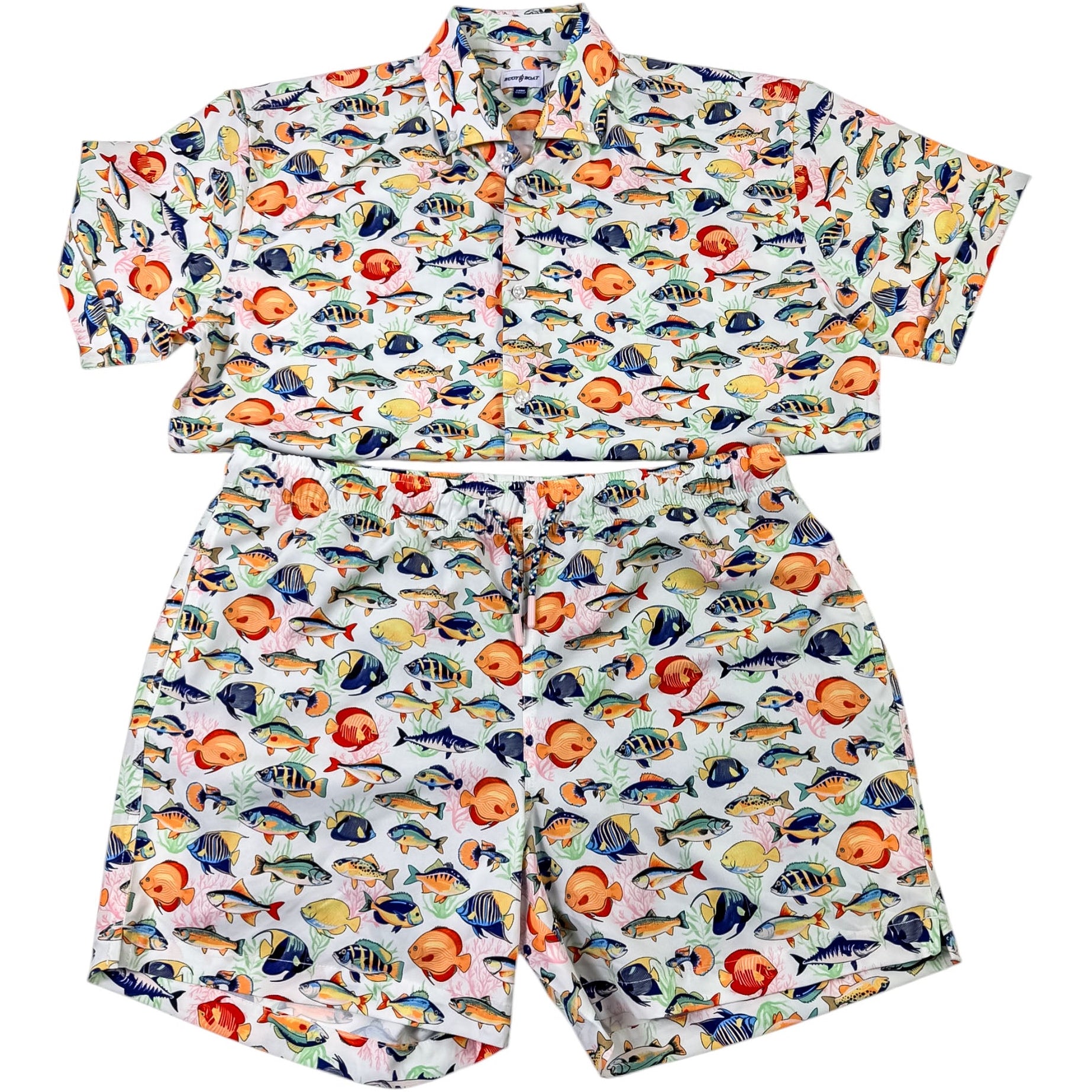 Shirt and shorts with fish pattern on a white background