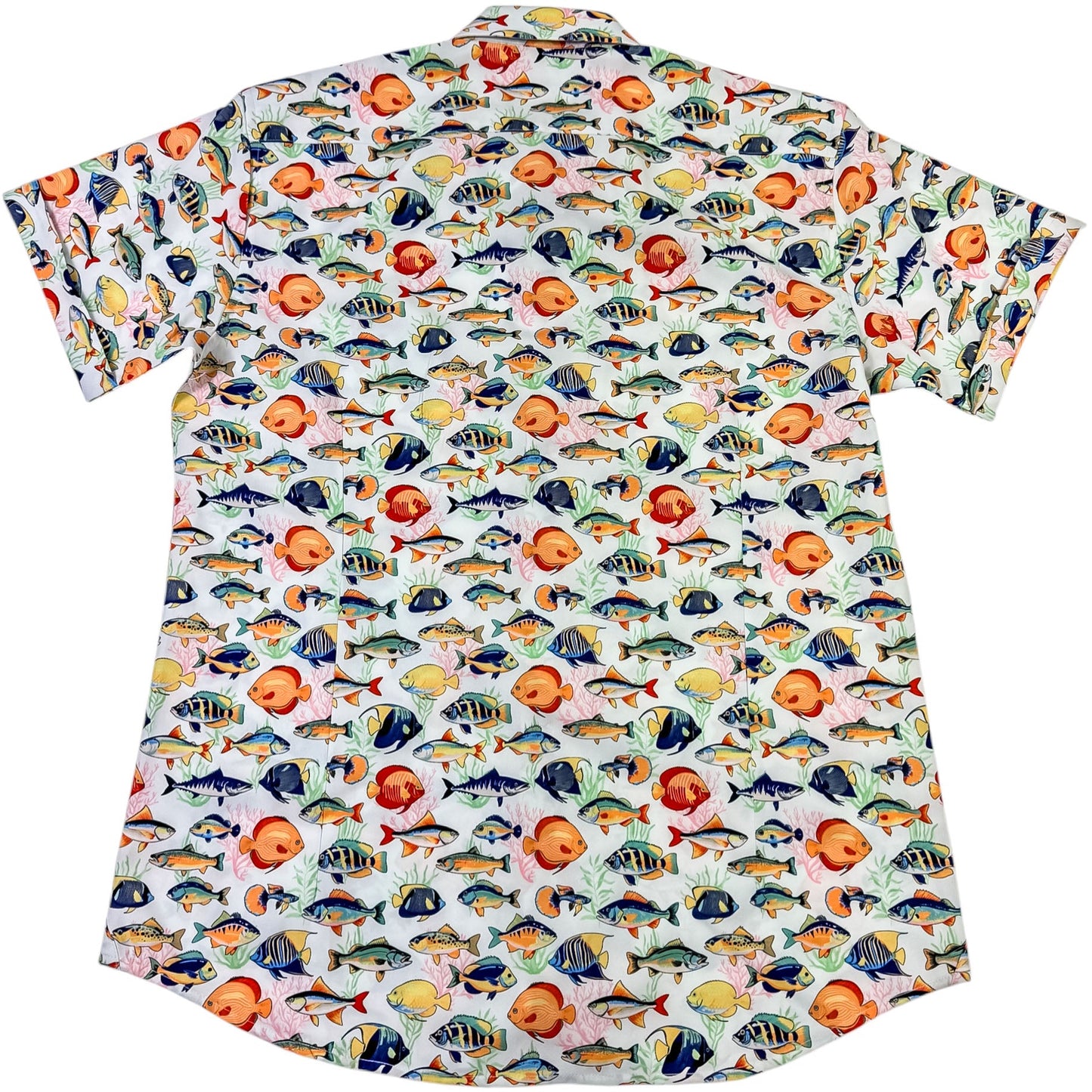 Short-sleeve shirt with colorful fish pattern on a white background