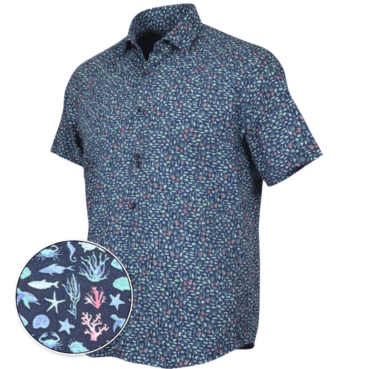 Short-sleeve shirt with a detailed pattern on a white background