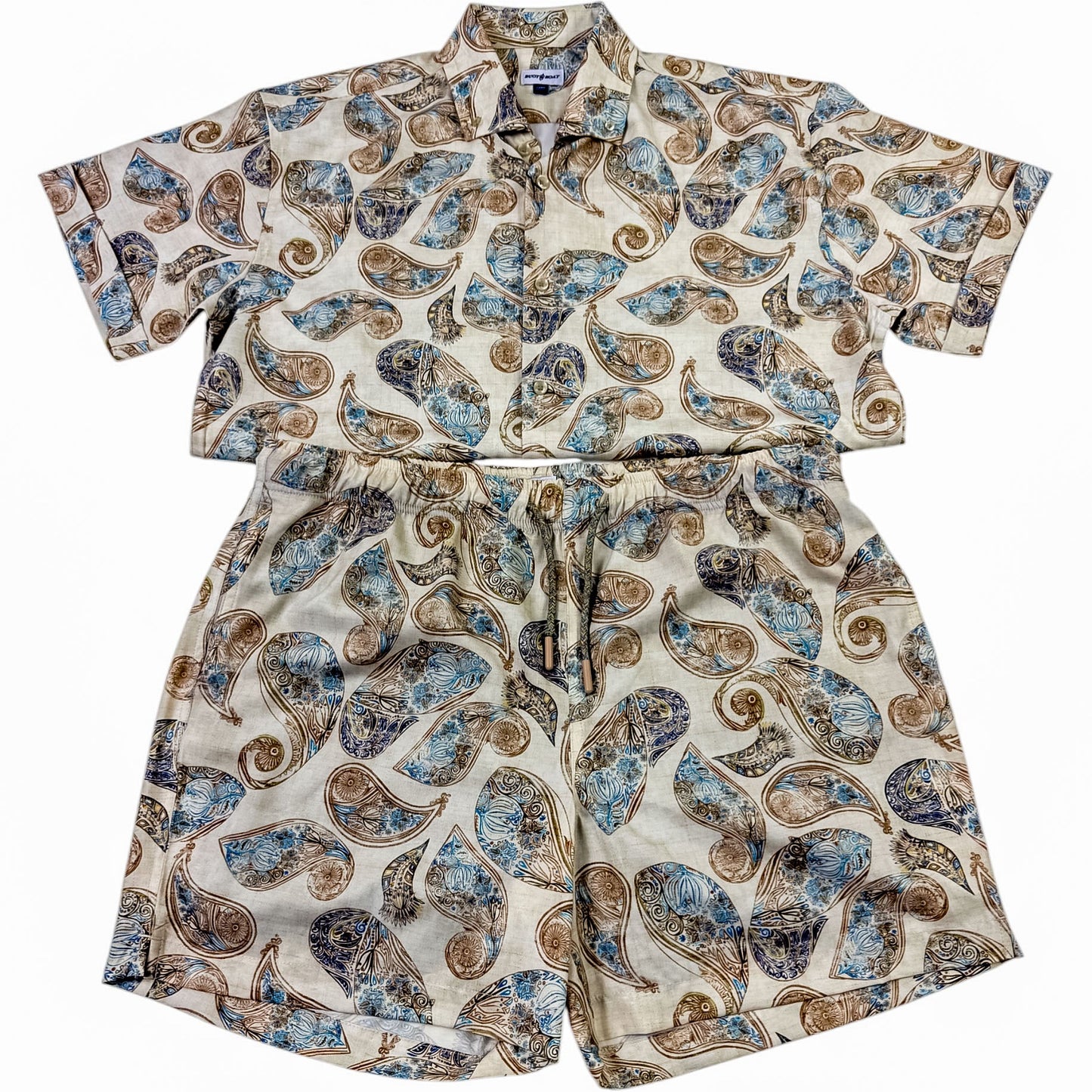 Shirt and swim trunk  set with paisley pattern on a white background