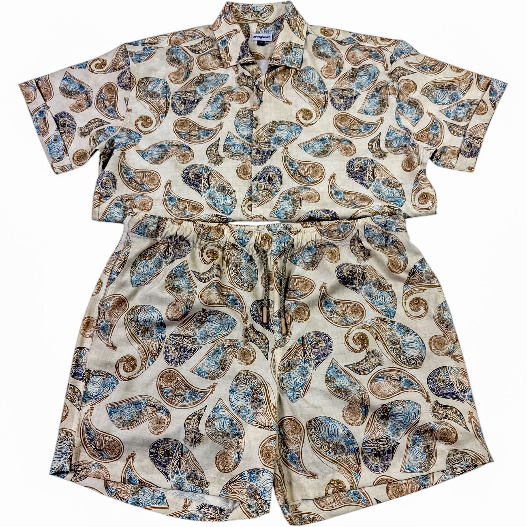 Shirt and swim trunk  set with paisley pattern on a white background