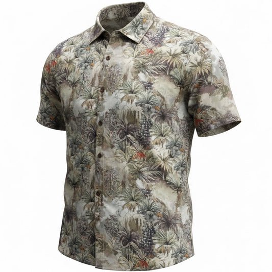 Short-sleeve shirt with a tropical pattern on a white background