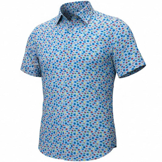 Short-sleeve shirt with a colorful pattern on a white background
