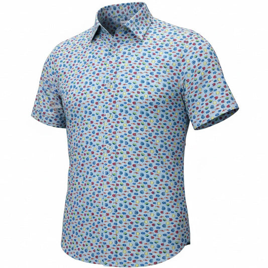 Short-sleeve shirt with colorful pattern on a white background