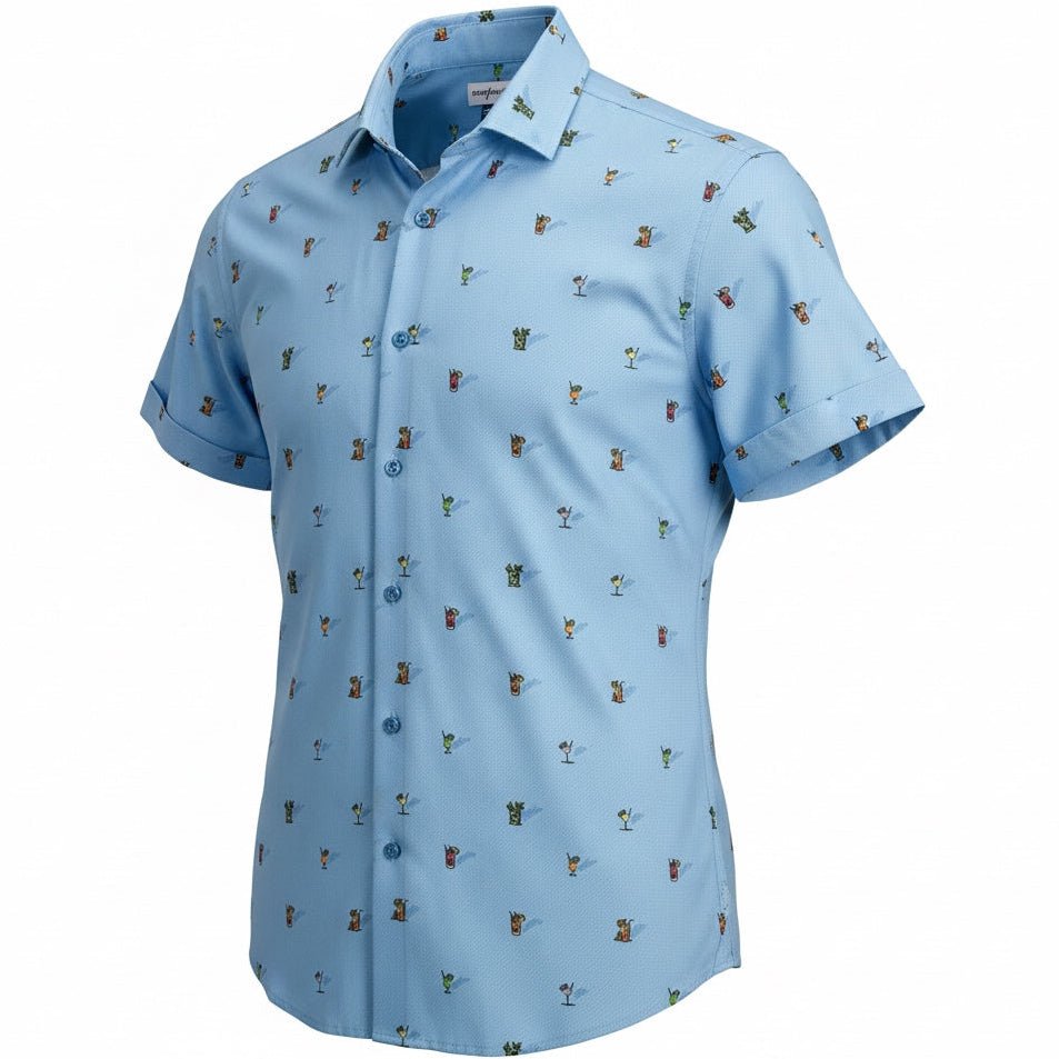 Light blue shirt with a subtle cocktail glass pattern on a white background