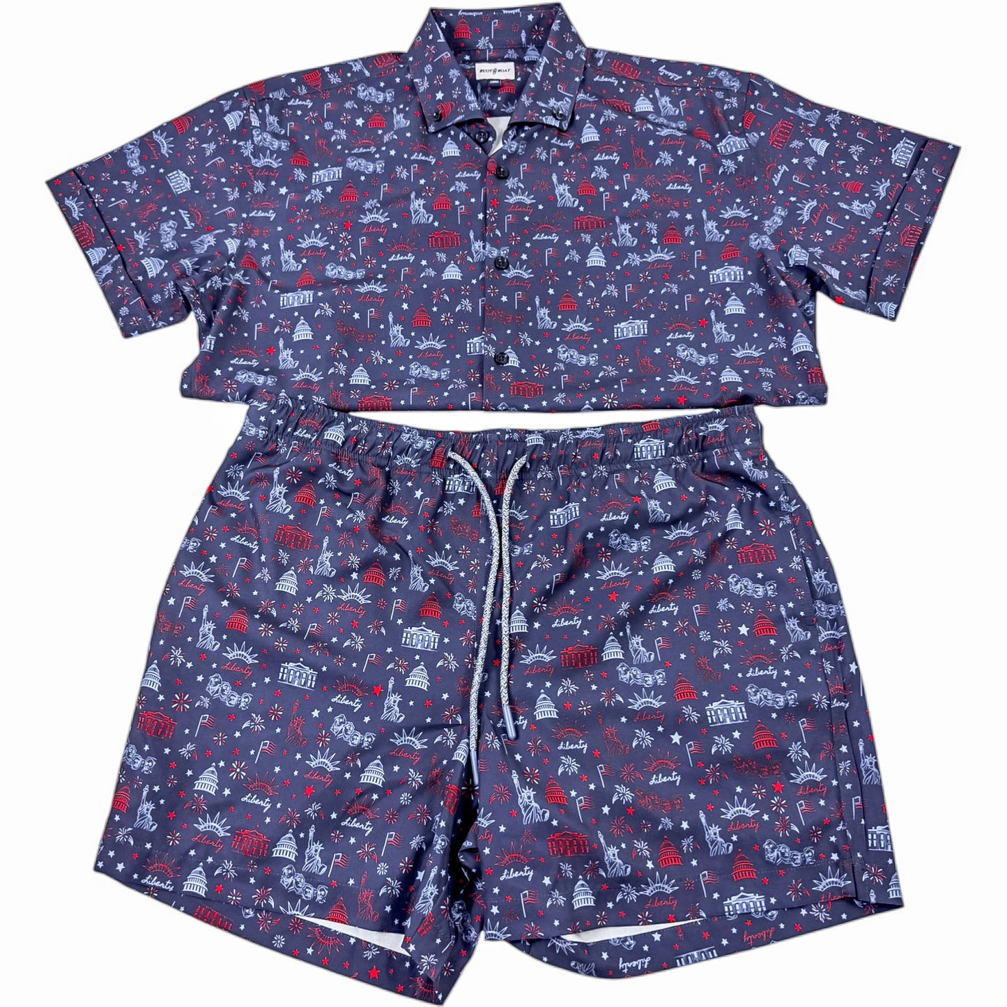 Navy shirt and shorts set with red and white pattern on a white background