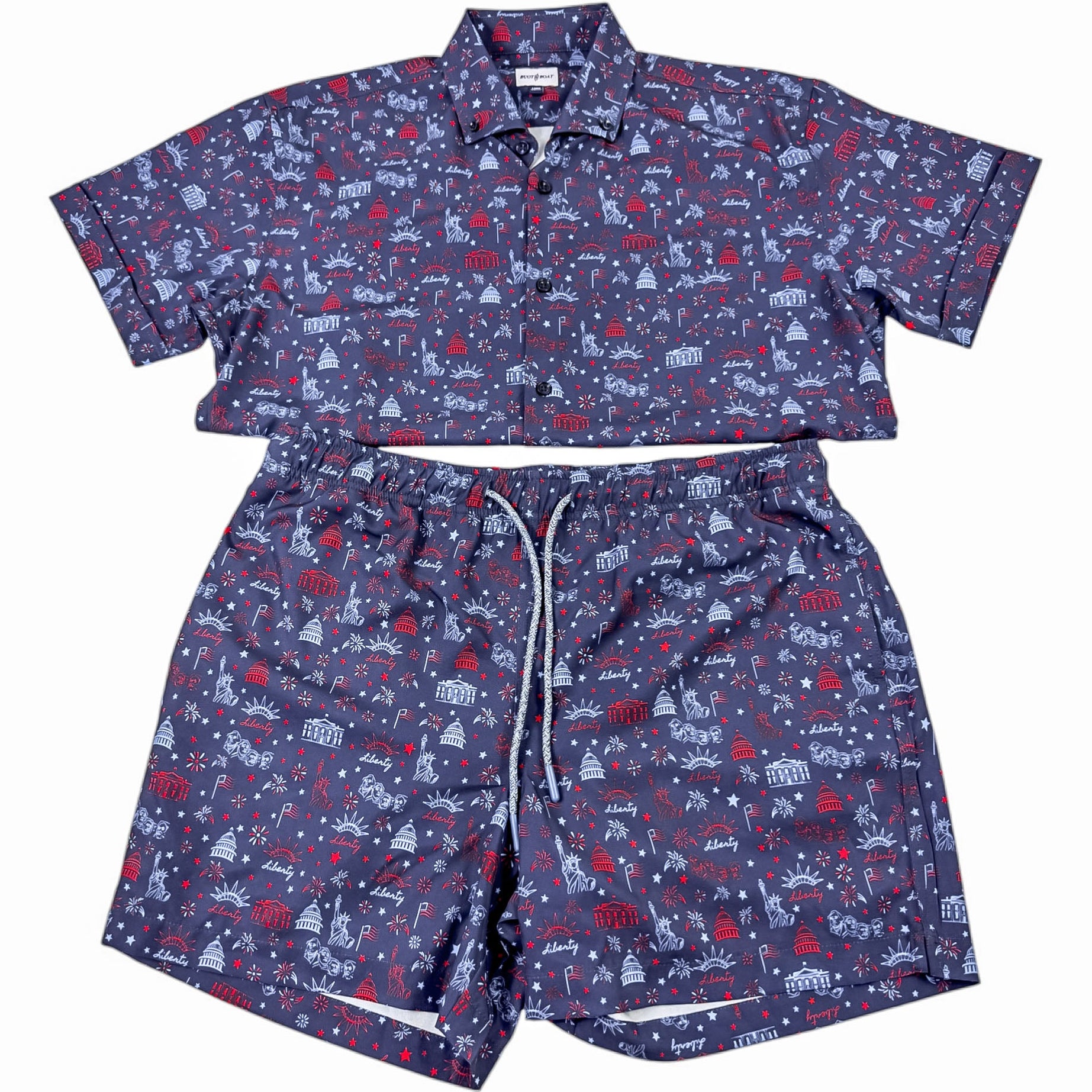 Navy shirt and shorts set with red and white pattern on a white background