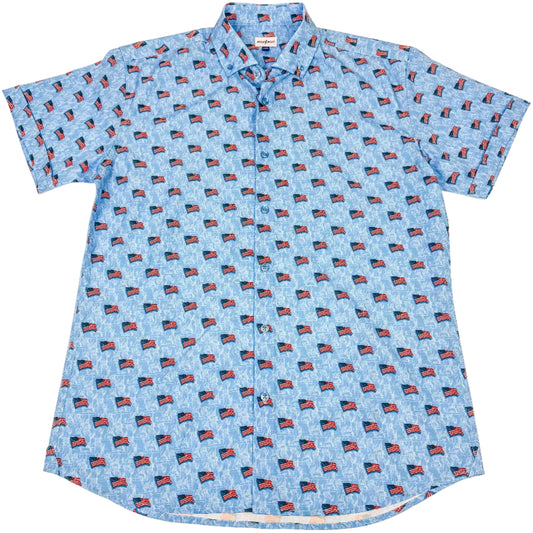 Blue shirt with small pattern on a white background