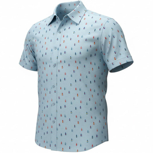 Light blue short-sleeve shirt with colorful pattern on a white background