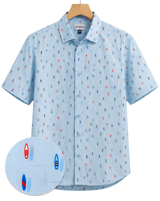 Surfboard Woven Shirt - Buoy & Boat - Short Sleeve Woven - Blue