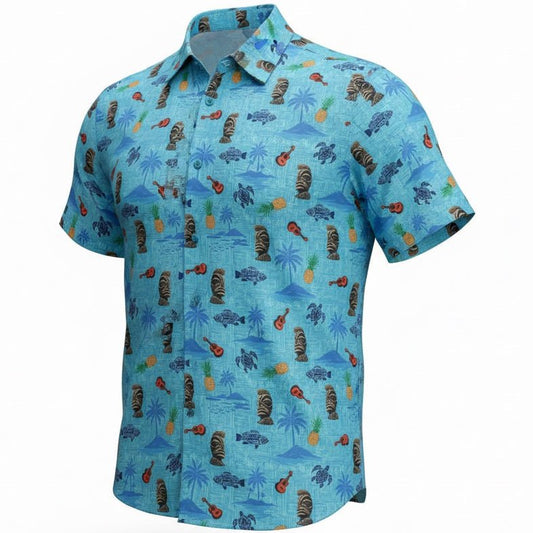 Blue shirt with tropical pattern on a white background