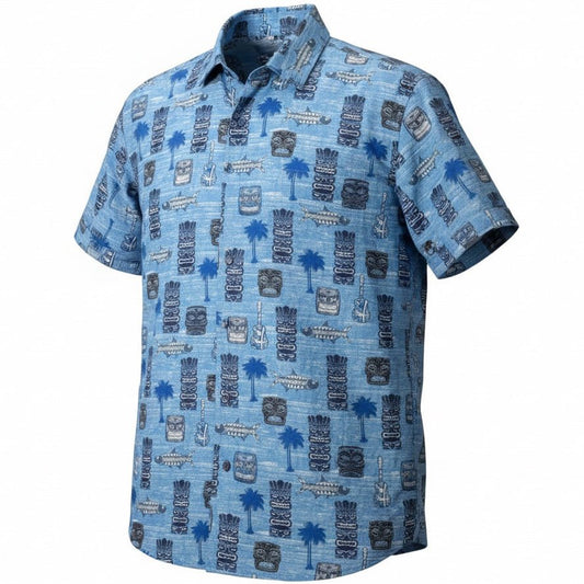 Blue patterned short-sleeve shirt on a white background