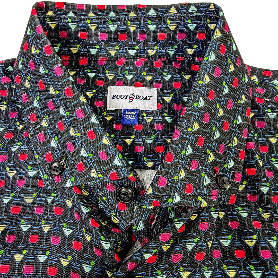 Black woven button up shirt with wine glasses and martini glasses graphics