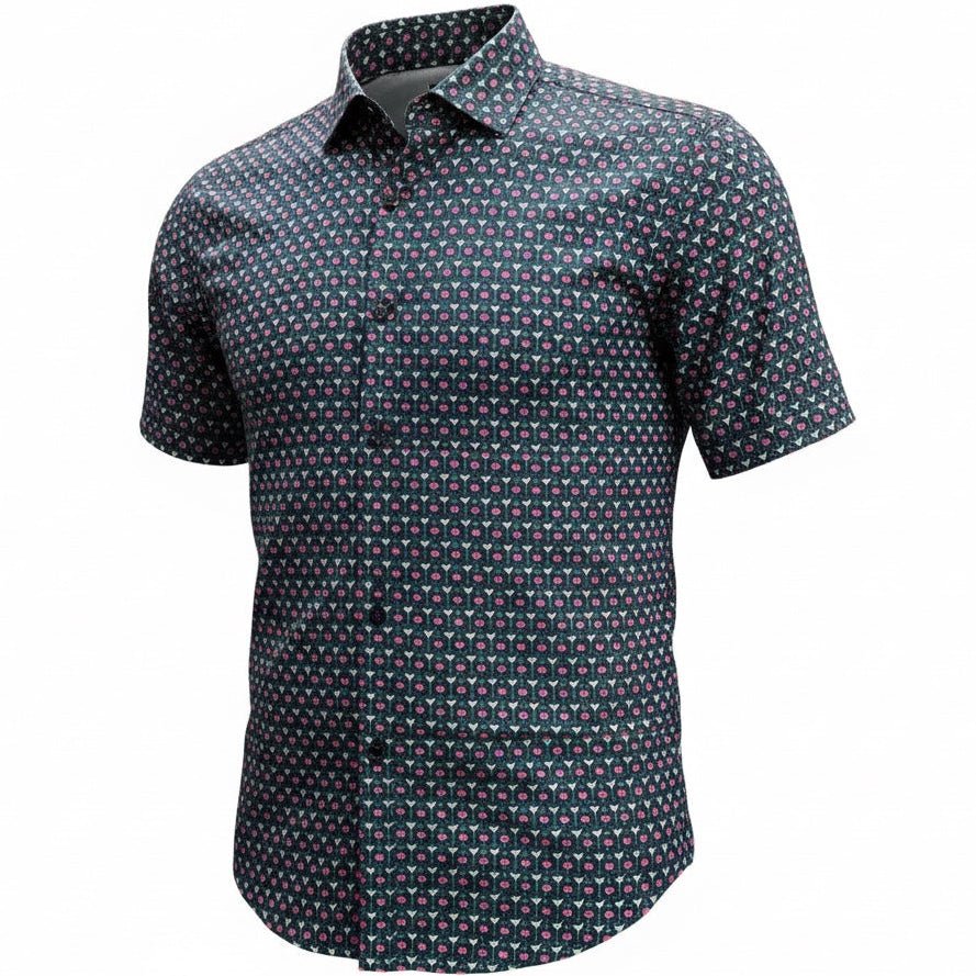 Short-sleeve shirt with a geometric pattern on a white background