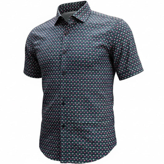 Short-sleeve shirt with a geometric pattern on a white background