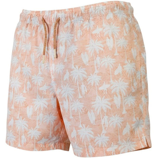 Peach-colored swim shorts with palm tree pattern on a white background