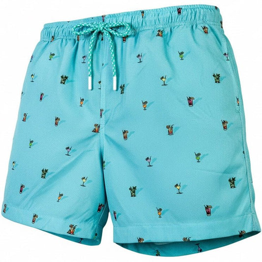 Mint colored swim shorts with small cocktail glass patterns on a white background