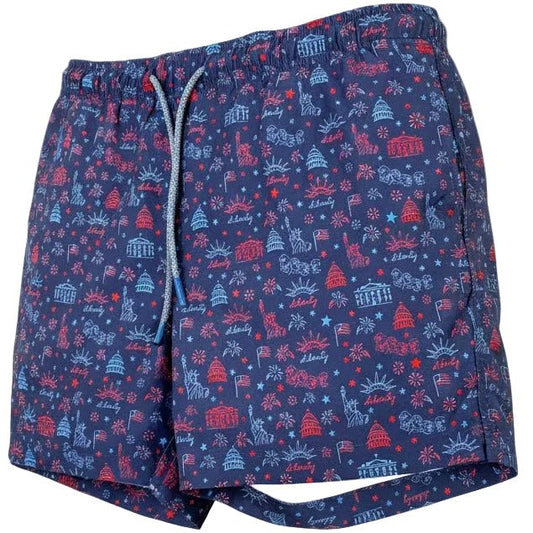 Navy blue swim shorts with red and white pattern on a white background