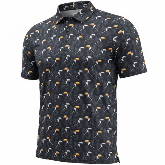 Black polo shirt with white and orange pattern on a white background