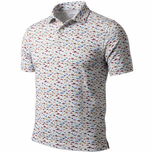 Short-sleeve shirt with colorful pattern on a white background