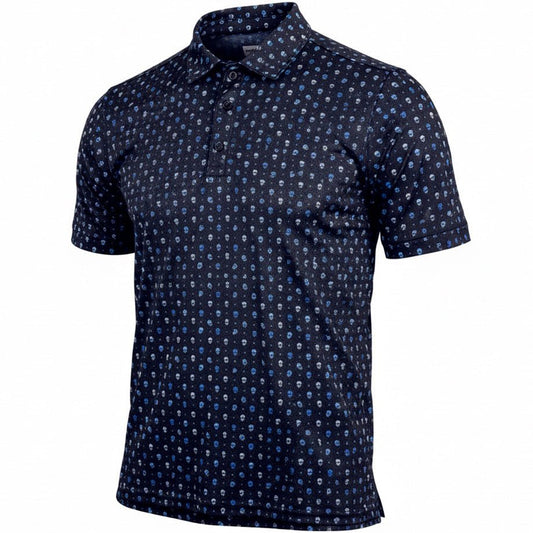Navy blue polo shirt with small pattern on a white background
