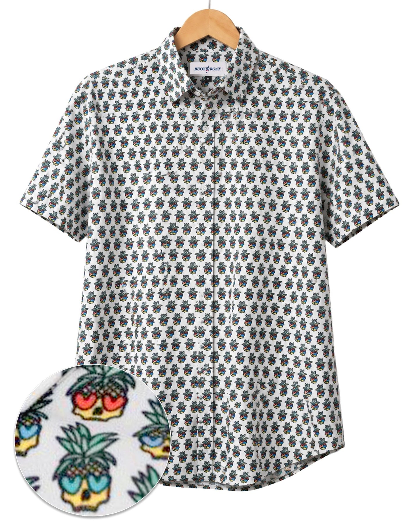 Pineapple Skull Woven Shirt - White - Buoy & Boat - Short Sleeve Performance Button Down - White