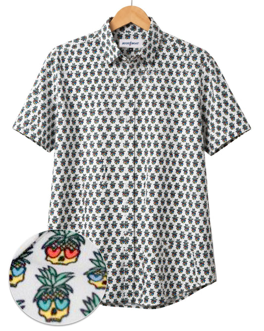 Pineapple Skull Woven Shirt - White - Buoy & Boat - Short Sleeve Performance Button Down - White
