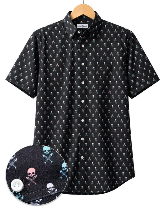 Skull & Fish Bones Woven Shirt - Black - Buoy & Boat - Short Sleeve Performance Button Down - Black