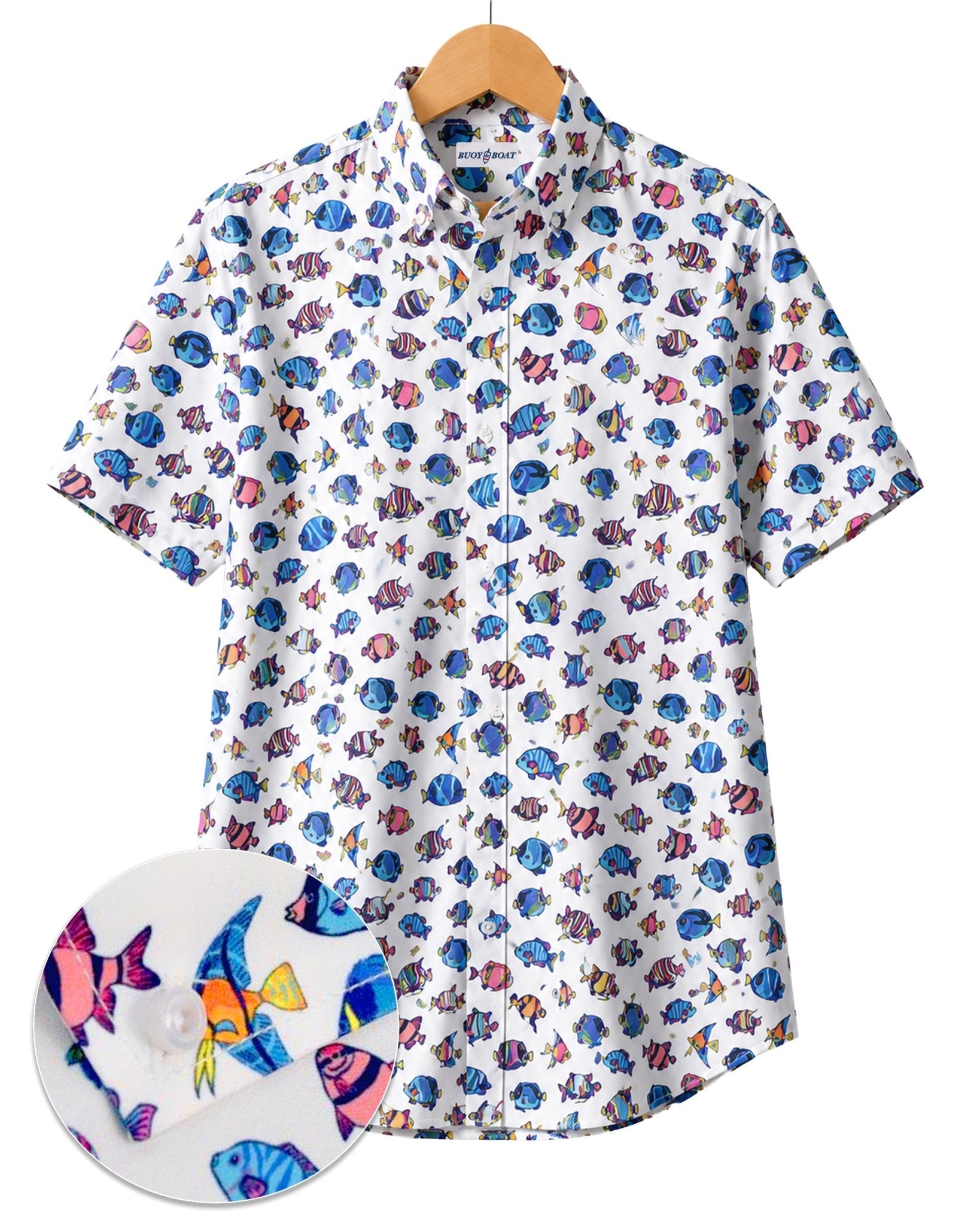 Exotic Fished Woven Shirt - White - Buoy & Boat - Short Sleeve Performance Button Down - White