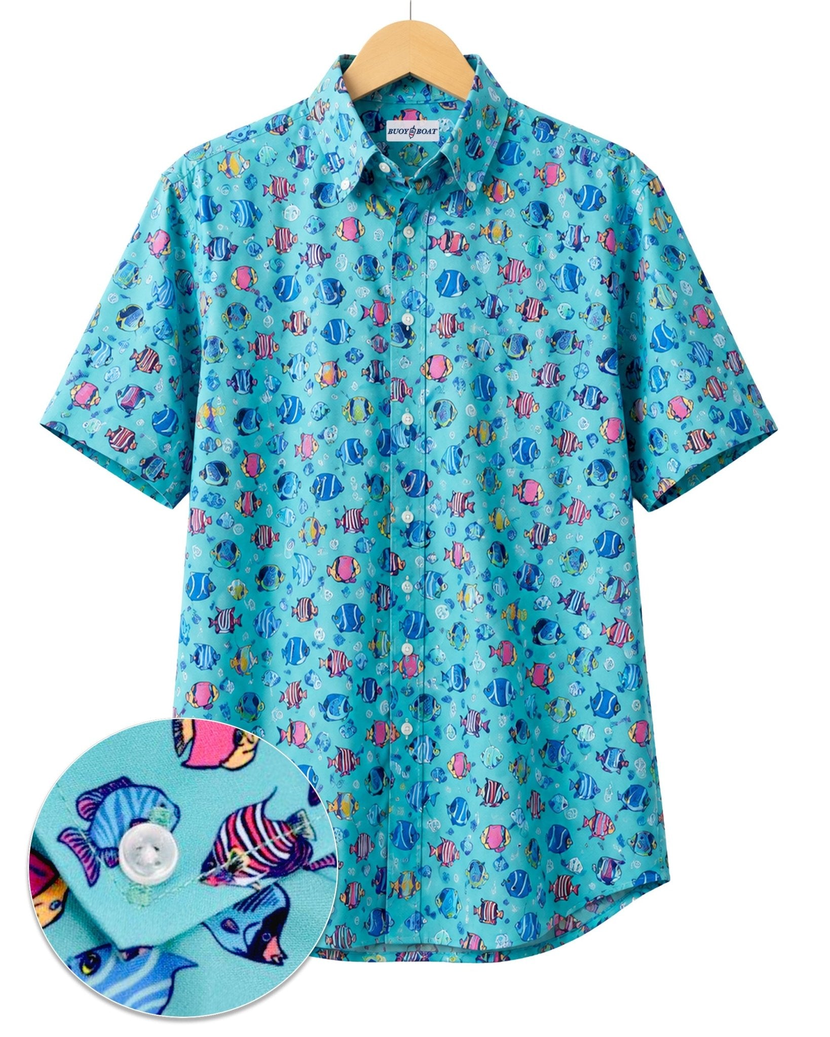 Exotic Fished Woven Shirt - Aqua - Buoy & Boat - Short Sleeve Performance Button Down - Aqua