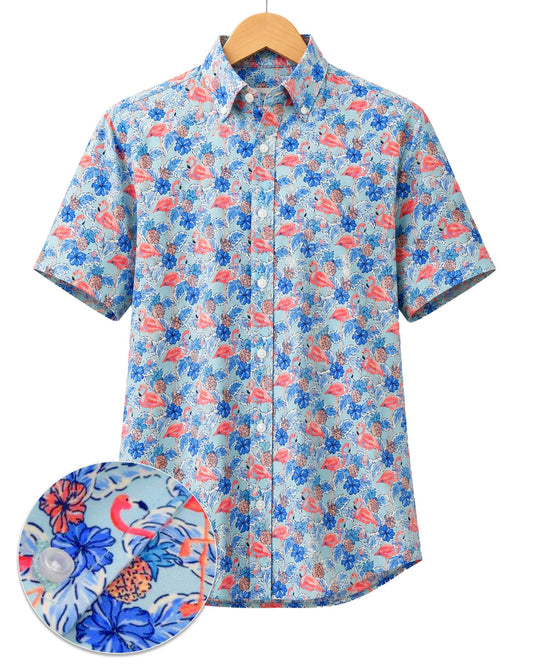 Flamingo Paradise Woven Shirt - Buoy & Boat - Short Sleeve Performance Button Down - Blue