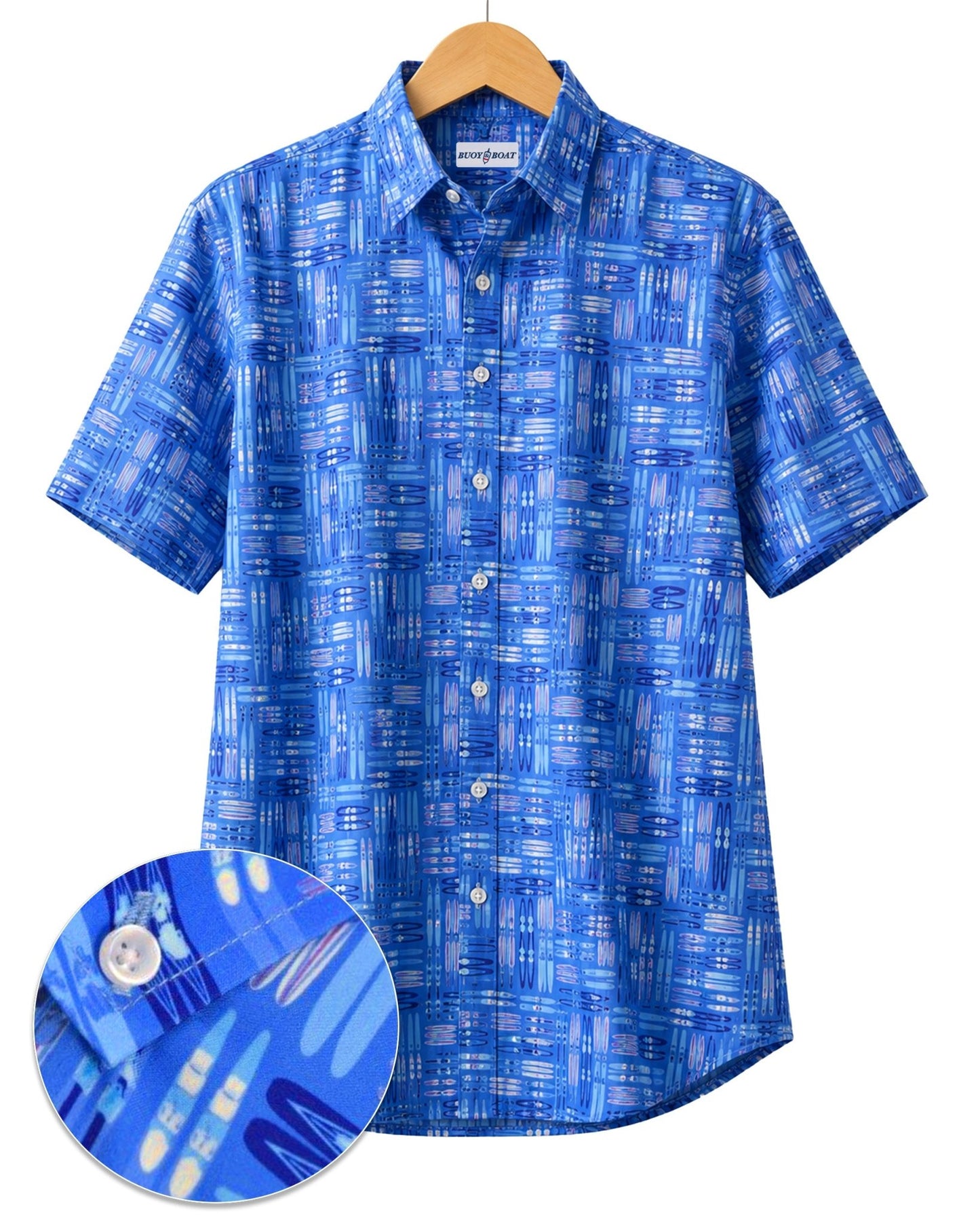 Water Skis Woven Shirt - Blue - Buoy & Boat - Short Sleeve Performance Button Down - Blue
