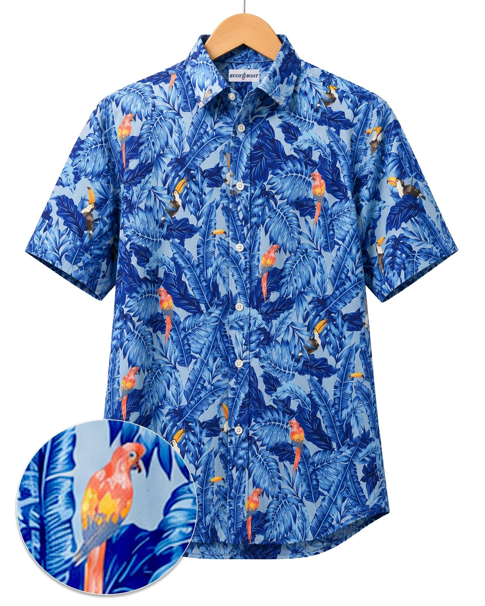 Tropical Birds Woven Shirt - Blue - Buoy & Boat - Short Sleeve Performance Button Down - Blue