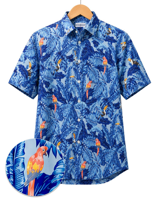 Tropical Birds Woven Shirt - Blue - Buoy & Boat - Short Sleeve Performance Button Down - Blue