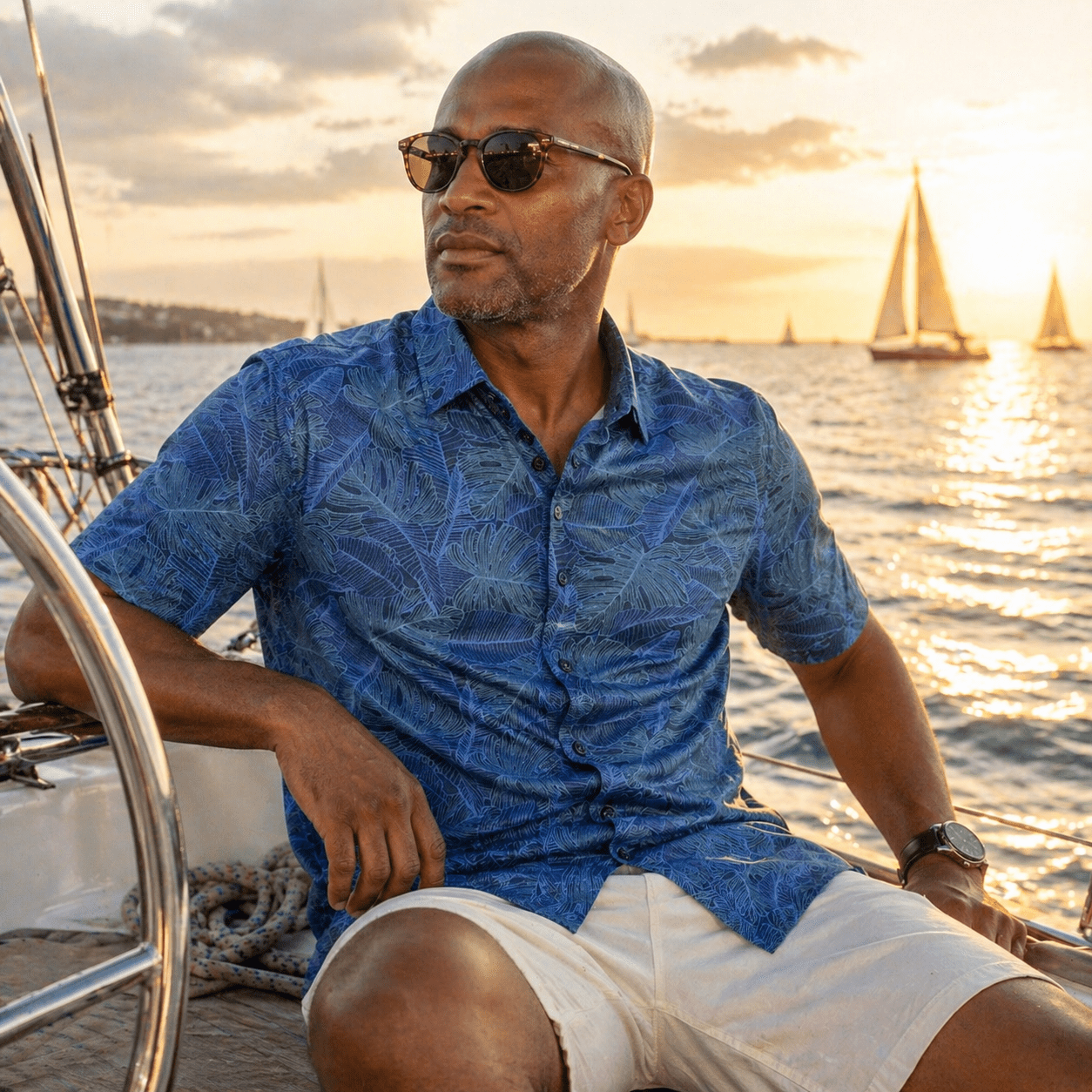 Deep Leaves Woven Shirt - Buoy & Boat - Short Sleeve Woven - Blue