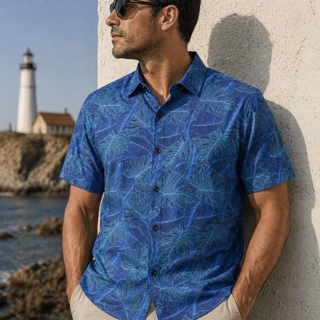 Deep Leaves Woven Shirt - Buoy & Boat - Short Sleeve Woven - Blue