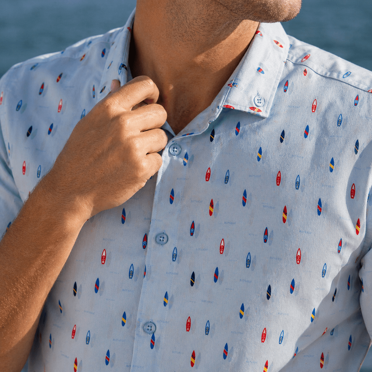 Surfboard Woven Shirt - Buoy & Boat - Short Sleeve Woven - Blue