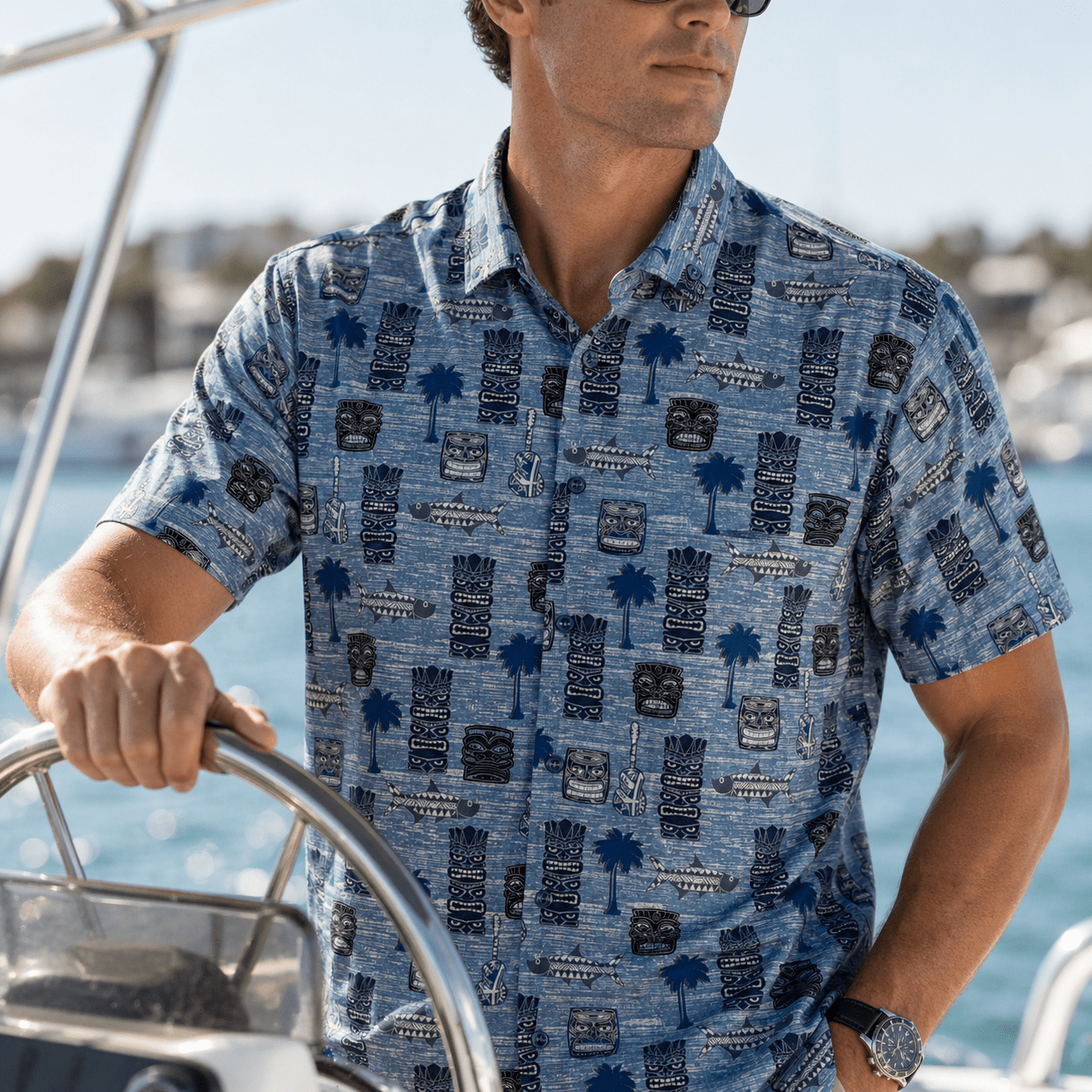 Tiki Totum Woven Shirt - Buoy & Boat - Short Sleeve Woven - blue