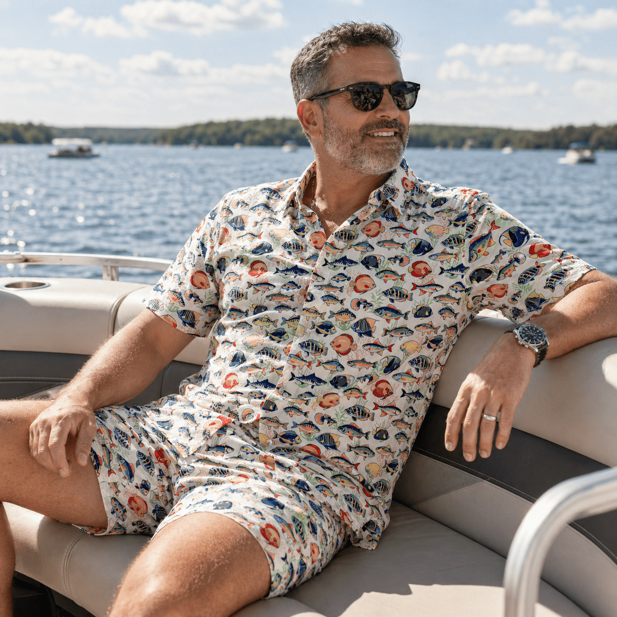Tropical Fish Swim Trunks - Buoy & Boat - Swim Trunks - White